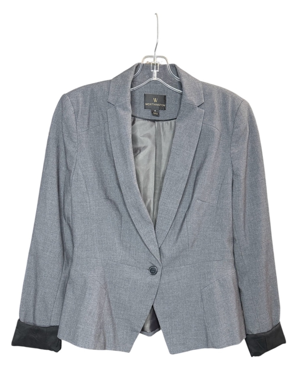 Worthington Grey Single Button Blazer Jacket Black Cuffs Size 4
